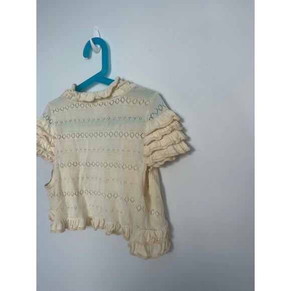 Nanette Lepore Ruffle Knit Shrug Cardigan Women XS Cream Eyelet Cropped Boho - Picture 5 of 8